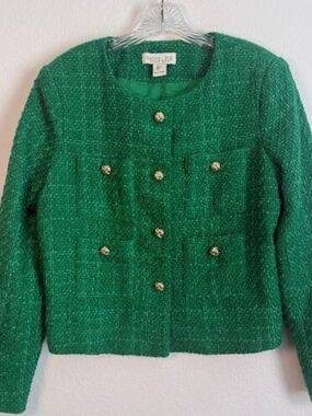 RACHEL Rachel Roy Green Tweed Double-Breasted Jacket with Gold Buttons